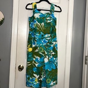 Talbots Floral Print Sleeveless Cotton Sheath Dress 2 Petite 2P Green Bl…